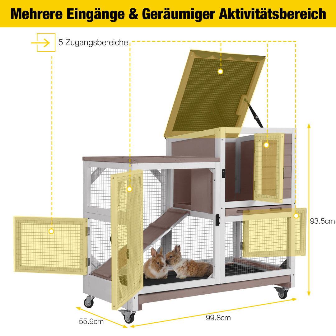 Aivituvin-AIR7013 Premium 2-stöckiger Kaninchenstall aus Holz mit Rollen | Ausziehbares Tablett
