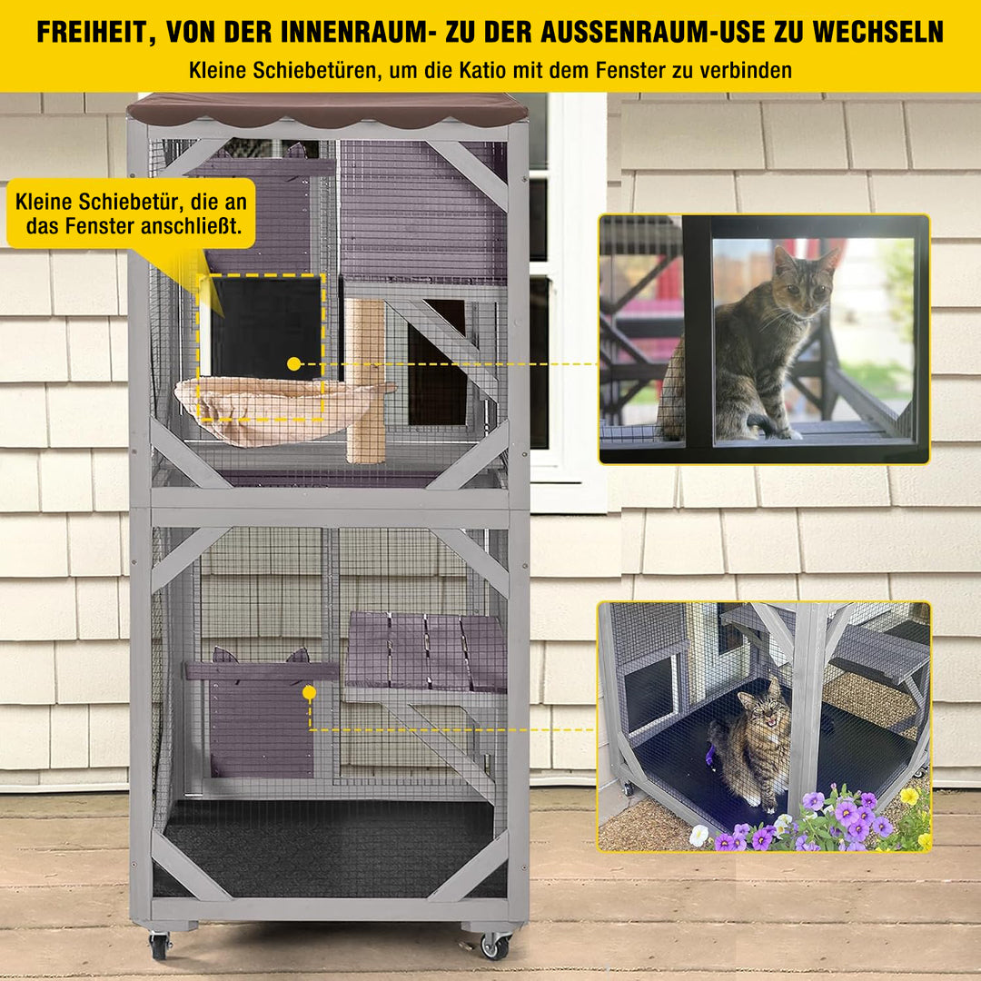 Aivituvin-AIR22-M Katzengehege aus Holz, mittelgroß, mit Rädern | Verbindung mit Fenster