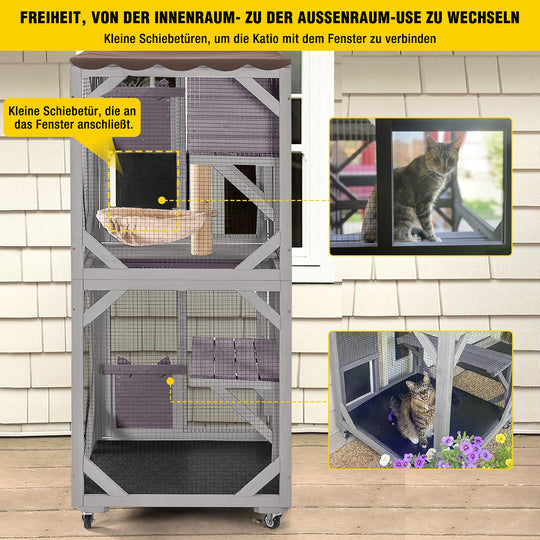 Aivituvin-AIR22-M Katzengehege aus Holz, mittelgroß, mit Rädern | Verbindung mit Fenster