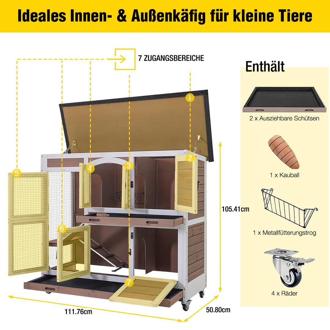 Aivituvin-AIR06-C-DE 2-stöckiger Kaninchenstall auf Rädern (Innenfläche 8,32 ft²)